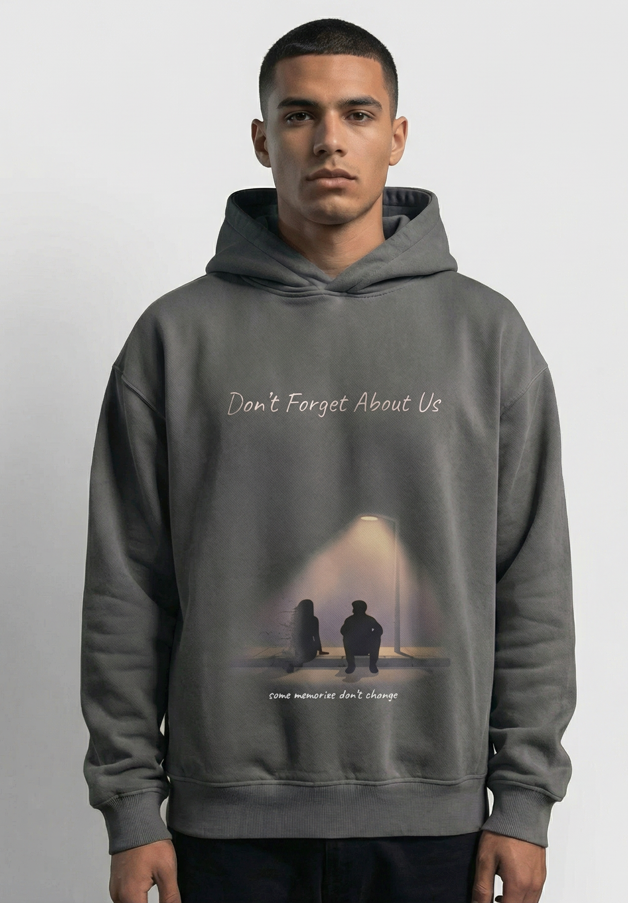 Amina Monae Don’t Forget About Us hoodie featuring silhouettes under a streetlight nostalgic streetwear design