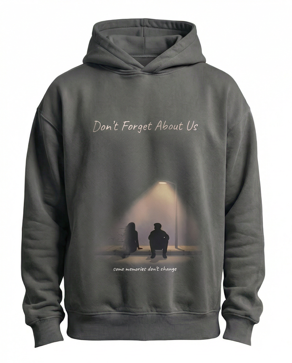 Amina Monae Don’t Forget About Us hoodie featuring silhouettes under a streetlight nostalgic streetwear design