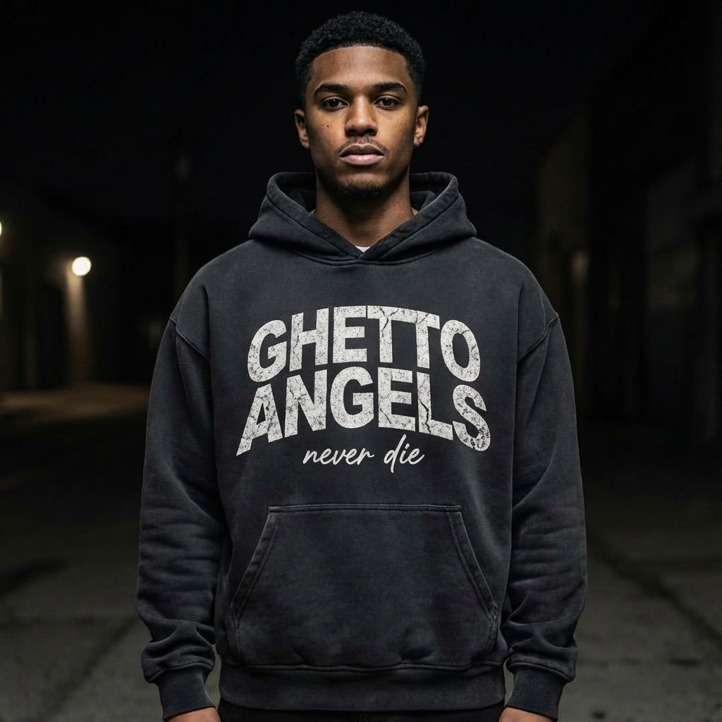 Amina Monae Ghetto Angels Never Die hoodie featuring distressed lettering on premium black streetwear hoodie