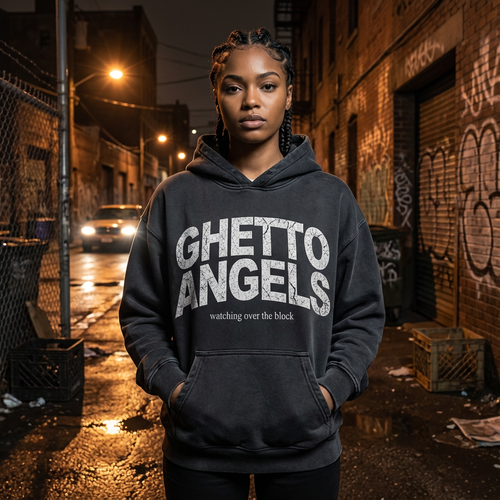 Amina Monae Ghetto Angels Never Die hoodie featuring distressed lettering on premium black streetwear hoodie
