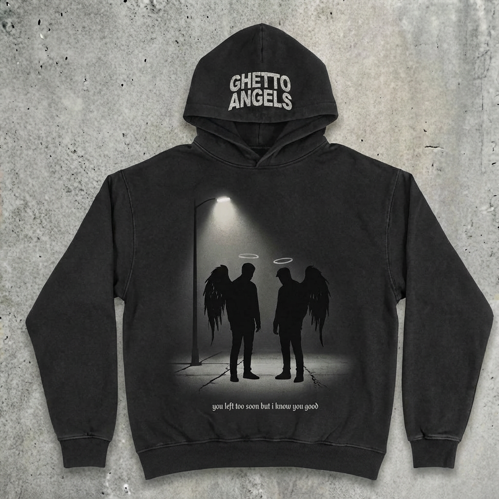 Amina Monae Left Too Soon hoodie featuring angel silhouettes under a streetlight memorial streetwear design